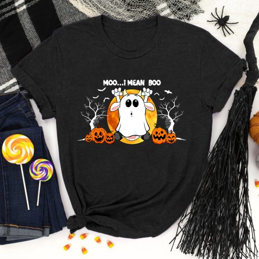 Ghost Cow Shirt, Moo I Mean Boo Pumpkin Moon Halloween T-Shirt, Vintage Boo Halloween Shirt