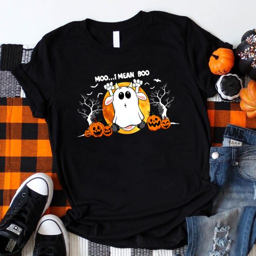 Ghost Cow Shirt, Moo I Mean Boo Pumpkin Moon Halloween T-Shirt, Vintage Boo Halloween Shirt