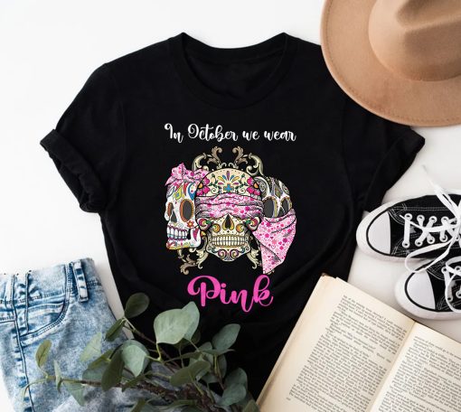 Breast Cancer Awareness Shirt, Breast Cancer Sugar Skull Shirt, Pink Ribbon, Cancer Warrior Tee