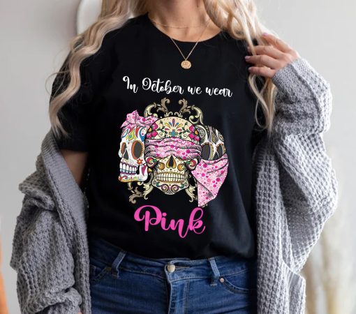 Breast Cancer Awareness Shirt, Breast Cancer Sugar Skull Shirt, Pink Ribbon, Cancer Warrior Tee