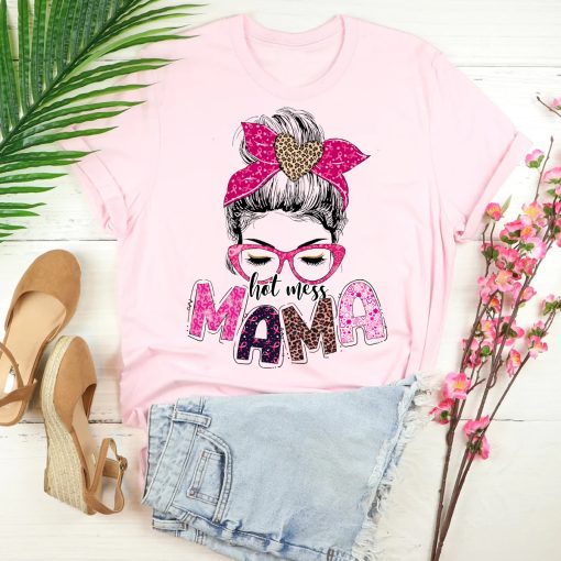 Breast cancer Mama Life Shirt, Leopard Messy Bun Shirt, Breast Cancer Awareness Shirt, Cancer Mom Life Shirt