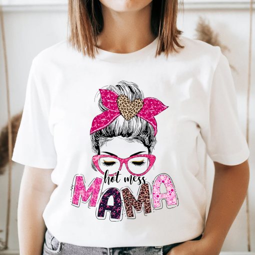 Breast cancer Mama Life Shirt, Leopard Messy Bun Shirt, Breast Cancer Awareness Shirt, Cancer Mom Life Shirt